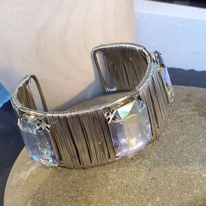 Vintage 90s Y2K Chunky AB Rhinestones Silver Wrap Detail Cuff Bracelet